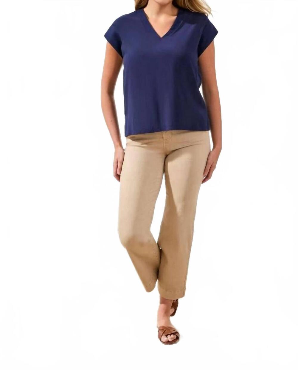 NEW TRIBAL mixed media soft drape cap sleeve v-neck top in nautical